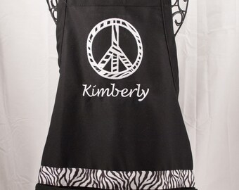 Personalized  Apron Peace Sign monogrammed embroidered Black