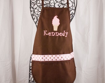 Personalized Child's Apron, Personalized Gift, Ice Cream Cone Apron, Brown Kids Apron, Applique Kids Apron, Children's Gift Idea