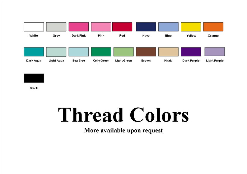 Pu&ograve; includere: Un grafico che mostra i colori del filo disponibili per l'acquisto. I colori includono bianco, grigio, rosa scuro, rosa, rosso, blu navy, blu, giallo, arancione, blu scuro, blu chiaro, blu mare, verde kelly, verde chiaro, marrone, kaki, viola scuro, viola chiaro e nero. Il testo "Colori del filo" e "Altri colori disponibili su richiesta" &egrave; incluso.