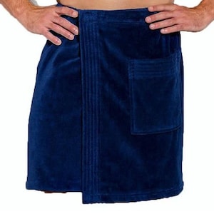 May include: A dark blue wrap-around towel with a single pocket. The towel is made of a soft, absorbent material.