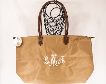 Monogrammed Large Khaki Tote,  Personalized Tote With Zipper, Nylon Tote Bag, Desinger Inspired Tote, Bridal Party Gift Idea, Tote Bag