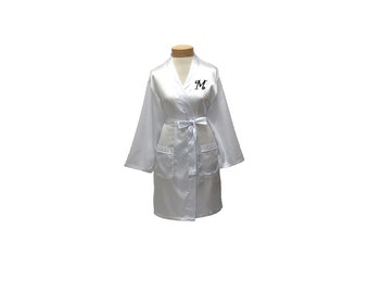 Monogrammed Robe Satin Kimono Thigh Length Spa  White  Personalized