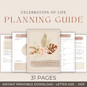 Peut inclure: Un guide de planification "Célébration de la vie" avec un motif floral sur la couverture. La couverture présente le texte "Celebration of Life Planner" et "Thoughtful Tools for a Meaningful Planner". L'image comprend également le texte "31 PAGES" et "INSTANT PRINTABLE DOWNLOAD - LETTER SIZE - .PDF".