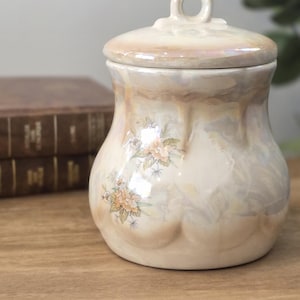 Peut inclure: Un pot en céramique nacrée avec un couvercle, orné d'un motif floral. Le pot a une forme arrondie et une petite poignée en boucle sur le couvercle. Il est posé sur une surface en bois, avec des livres en arrière-plan.