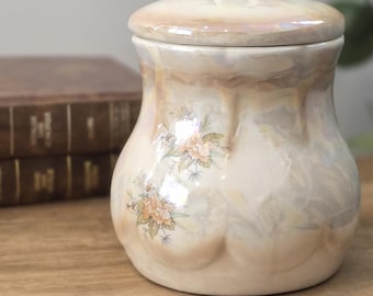 Vintage Handmade Ceramic Sugar Jar With Lid – Iridescent Floral Pottery – Hand Painted Luster Glaze Sugar Pot – Cottage Kitchen Decor