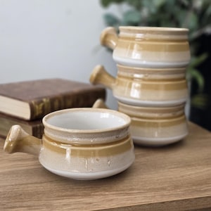 Set of 4 Vintage northcraft Korea Handled Soup Bowls, Brown Beige Stoneware Bowls, Rustic Korean Pottery, Retro Onion Soup Crocks