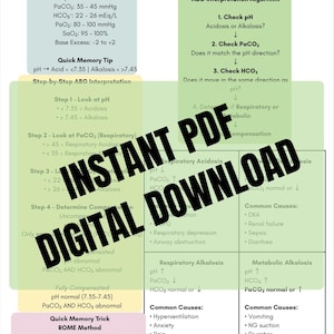 May include: A digital PDF cheat sheet for nurses, titled "ABG Interpretation Cheat Sheet for Nurses." The guide provides a quick step-by-step guide for arterial blood gas analysis, including normal ABG values, interpretation algorithms, and quick memory tips. The document is designed for nurses and nursing students.