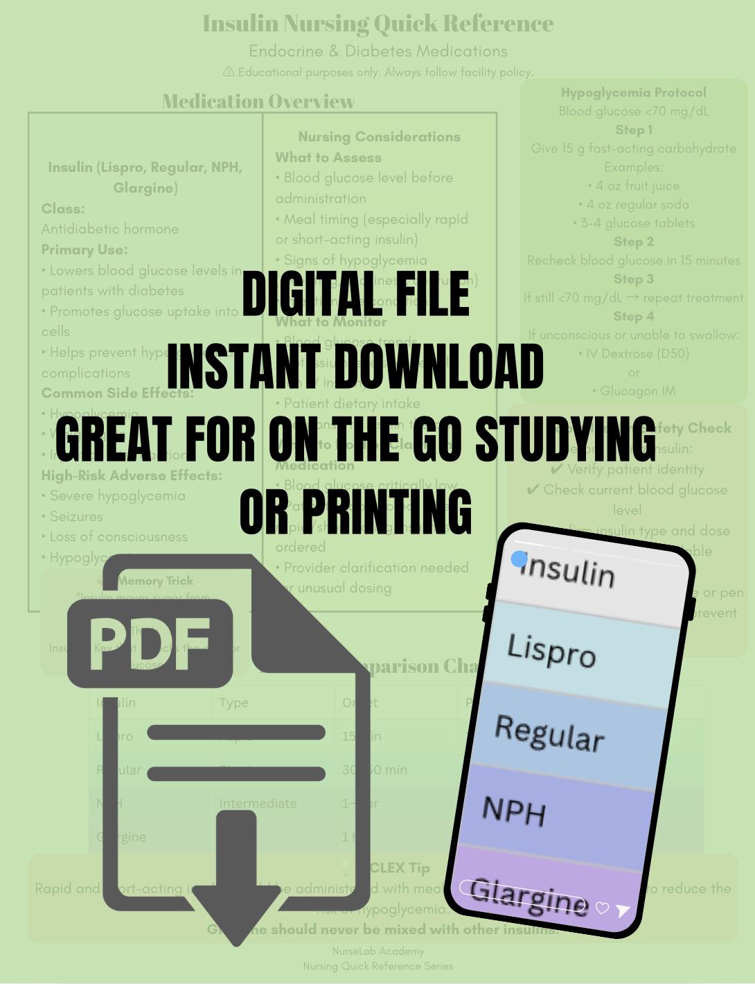 Insulin Nursing Quick Reference Chart | Diabetes Medication Study Guide ...