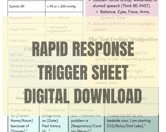 Rapid Response Trigger Sheet, New Grad Nurse Bedside Guide (Digital Download)