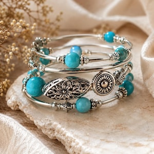 Turquoise Color Coil Bracelet, Silver Tone Memory Wire Bracelet, Boho Wrap Bracelet, Lightweight Spring Bracelet, Gift for Her
