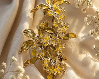 Gele bloemenbroche, gouden bloemenbroche, broche met kristallen zirkonia, vintage bloemenbroche, gele emaille broche, opvallende broche, cadeau voor haar