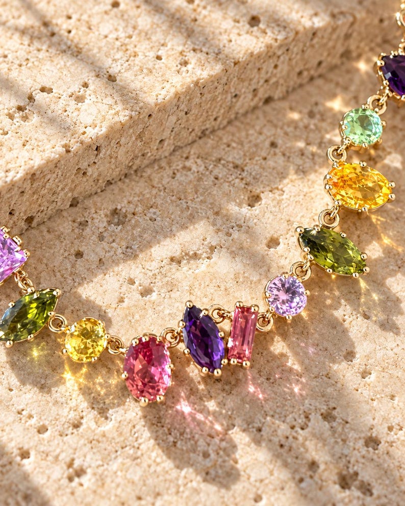 Pu&ograve; includere: Una collana a catena dorata con una serie di pietre preziose multicolori in varie forme, inclusi tagli marquise, ovali e rettangolari. Le pietre mostrano un vibrante spettro di colori come viola, rosa, giallo e verde.