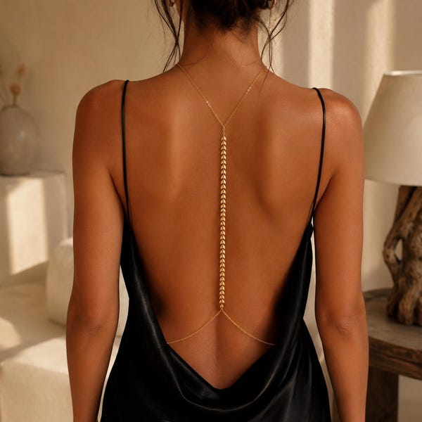 Gold Plated Body Chain Necklace, Adjustable Waist & Back Jewelry for Open Back Dress, Boho Body Jewelry
