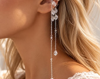 Ohrklemme aus Silberkristall, lange Ohrklemme, Ohrschmuck ohne Piercing, auffällige einzelne Ohrklemme, Boho-Schmuck aus versilbertem Stahl