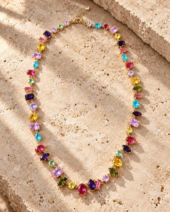 Colorful Natural Gemstone Necklace, 18K Gold Plated Rainbow Necklace, Boho Statement Jewelry, Multicolor Gemstone Gift for Her