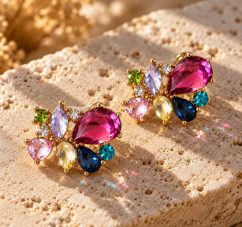 Pu&ograve; includere: Un paio di orecchini a lobo color oro con un gruppo di cristalli sfaccettati multicolori. Ogni orecchino presenta una grande pietra color magenta a forma di goccia, accentuata da cristalli pi&ugrave; piccoli rotondi, ovali e a pera nei colori rosa, giallo, blu, verde e trasparente.