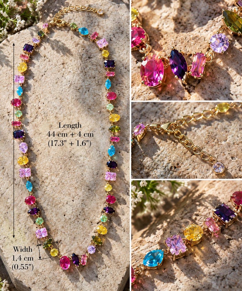 Pu&ograve; includere: Una collana color oro con una variet&agrave; di cristalli sfaccettati multicolori di varie forme. La collana ha una lunghezza di 44 cm pi&ugrave; un'estensione di 4 cm e una larghezza di 1,4 cm, come indicato dal testo presente nell'immagine.