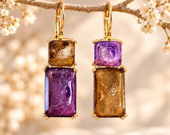 Sun and Moon Earrings, Gold Plated Celestial Drop Earrings, Purple Amber Resin Jewelry, Boho Chic Statement Earrings, Gift for Her