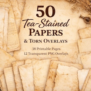 50 papeles imprimibles con manchas de té (JPG), 12 superposiciones de papel rasgado (PNG), tamaño carta A4 (EE. UU.)