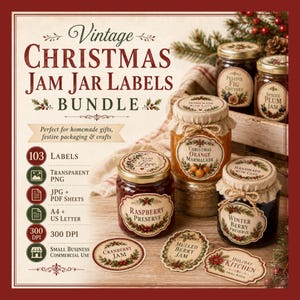 Può includere: Un pacchetto digitale di etichette vintage per barattoli di marmellata natalizia con testo che include Vintage Christmas Jam Jar Labels, Raspberry Preserve, Winter Berry Preserve e Holiday Kitchen. Il set include 103 etichette in formato PNG, JPG e PDF.