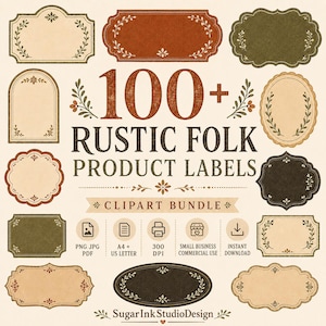 May include: A collection of 100+ rustic folk product labels in various shapes and colors, including brown, green, and beige. The labels are adorned with floral and leaf designs. The image also includes text that reads "RUSTIC FOLK PRODUCT LABELS" and "CLIPART BUNDLE".
