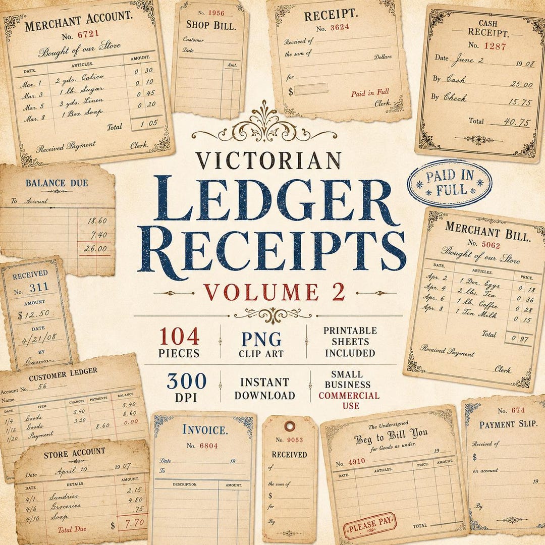 Victorian Ledger Receipts Clipart, Vintage Receipt Ephemera, Antique ...