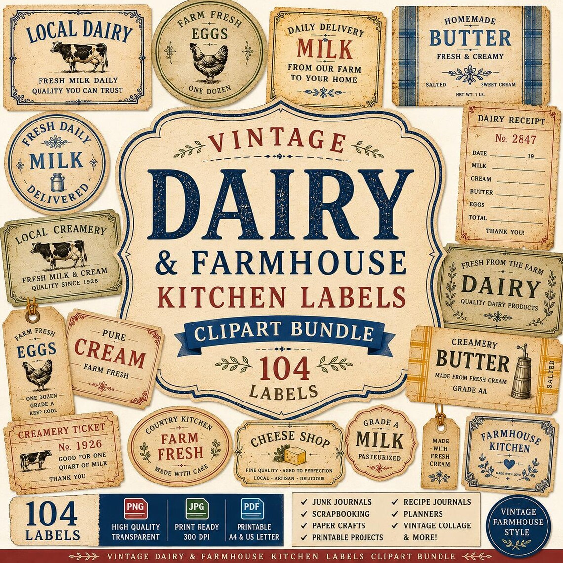 Vintage Dairy Farmhouse Kitchen Labels Clipart, Farm Fresh Png Jpg Pdf ...