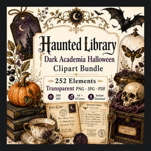 Peut inclure: Un ensemble de graphismes numériques intitulé Haunted Library Dark Academia Halloween Clipart Bundle comprenant 252 éléments. L'image montre une citrouille, des livres, une tasse, un crâne, un papillon sous cloche, une carte et un reçu.