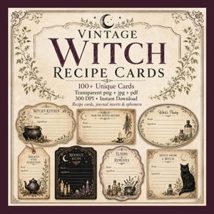 Peut inclure: Une collection de fiches recettes au style vintage avec le texte VINTAGE WITCH RECIPE CARDS, 100+ Unique Cards, Transparent png + jpg + pdf, 300 DPI, Instant Download, et Recipe cards, journal inserts & ephemera avec diverses illustrations.