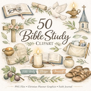 May include: A collection of watercolour clipart featuring religious imagery. Includes a cross, bible, dove, and church, with the text "50 Bible Study Clipart". Also includes elements for prayer and journaling.