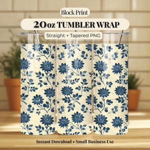 Vintage Block Print Floral Tumbler Wrap PNG, Indigo Boho Sublimation Design