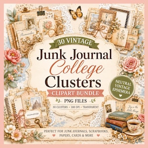 Neutral Vintage Junk Journal Collage Clusters, Layered Ephemera Clip Art, Scrapbook Paper Craft Bundle