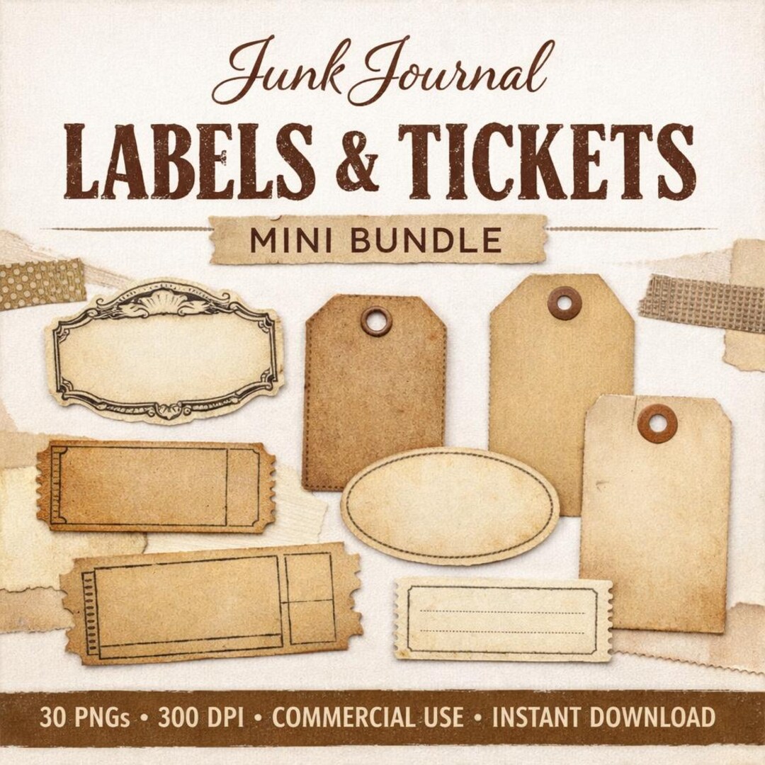 Junk Journal Labels and Tickets Mini Bundle, Vintage Ephemera Clipart ...