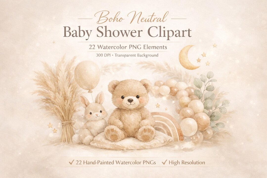 22 PNG Boho Neutral Baby Shower Clipart Bundle, Watercolor Teddy Bear ...