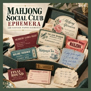 Può includere: Una collezione di 120 elementi in carta vintage per un Mahjong Social Club, inclusi inviti, tessere associative e biglietti in una scatola verde scuro. I pezzi di carta presentano testo stampato, illustrazioni floreali e note scritte a mano.