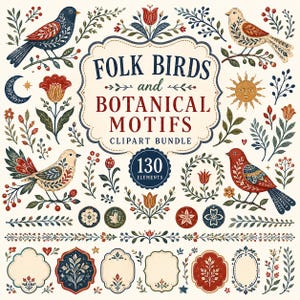 Puede incluir: Un conjunto de imágenes prediseñadas con aves folclóricas y motivos botánicos. Las ilustraciones presentan aves detalladas, diseños florales y marcos decorativos en tonos rojos, azules y beige, ideales para proyectos creativos.