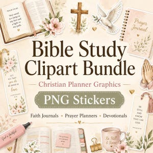 Pode incluir: Um pacote de clipart digital com o texto "Bible Study Clipart Bundle" e "PNG Stickers". A imagem apresenta uma cruz, uma pomba, um livro aberto, um diário de oração e elementos florais. Inclui diários de fé, planejadores de oração e devocionais.