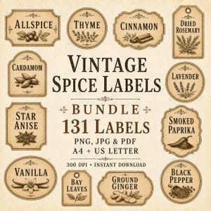 May include: A collection of vintage spice labels with illustrations and text. The labels include names like Allspice, Thyme, Cinnamon, and Black Pepper. The image also includes the text "Vintage Spice Labels Bundle 131 Labels".