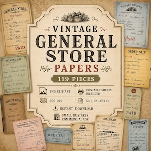 May include: A selection of vintage general store papers, including receipts and order forms. The design features a central emblem with the words "Vintage General Store Papers" and includes the text "119 Pieces". The papers are in a sepia tone.
