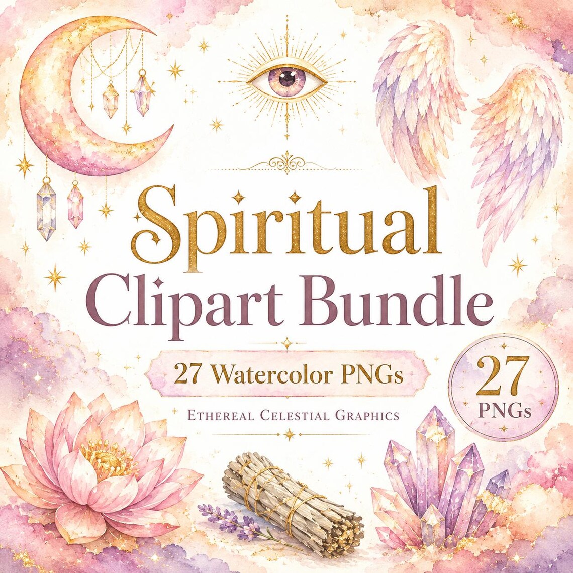 Spiritual Watercolor Clipart Bundle, Ethereal Gold Mystical Graphics ...