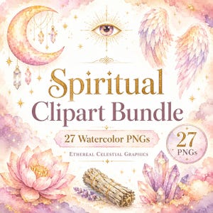 Peut inclure: Ensemble de cliparts aquarelle sur le thème spirituel et céleste. Comprend une lune en croissant avec des cristaux suspendus, un œil, des ailes d'ange, une fleur de lotus, des cristaux et un fagot de sauge. Le texte indique "Spiritual Clipart Bundle".