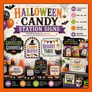 Può includere: Una collezione digitale di cartelli stampabili per stazioni di dolci di Halloween con testi come Ghoulish Goodies, Candy Buffet, Dessert Table, Trick or Treat, Sweet Treats, Potion Punch, Spooky Snacks e Monster Munch, con decorazioni.