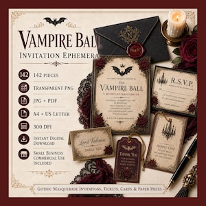 Vampire Ball Digital Ephemera, Gothic Masquerade Invitation Bundle, Victorian Halloween Printable Papers, Party Stationery