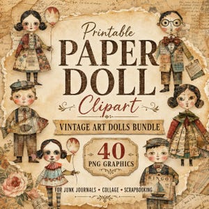 May include: A digital collage featuring vintage paper doll clipart. The image includes several illustrated dolls, text that reads "Printable Paper Doll Clipart," and the words "Vintage Art Dolls Bundle." The image also includes the text "40 PNG Graphics."