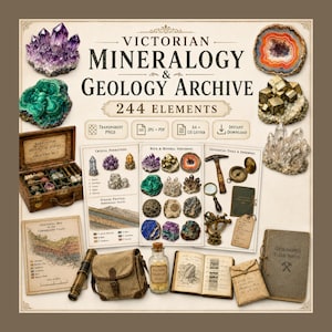Può includere: Una collezione digitale intitolata Victorian Mineralogy & Geology Archive 244 Elements con illustrazioni di cristalli, mappe geologiche, una cassetta per campioni in legno, una borsa da campo in tela, bussola, lente d'ingrandimento e taccuini.