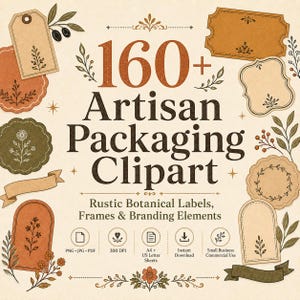 May include: A digital graphic design featuring over 160 artisan packaging clipart elements. Includes rustic botanical labels, frames, and branding elements. The design incorporates various shapes, colors, and botanical illustrations, with text that reads "Artisan Packaging Clipart".