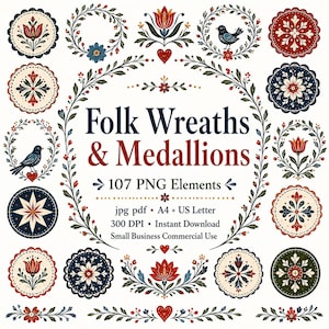 Könnte beinhalten: Digitale Volkskunst-Designs mit Kränzen und Medaillons mit floralen und Vogelmotiven. Die Farbpalette umfasst Rot, Blau und Grün auf weißem Hintergrund. Der Text lautet "Folk Wreaths & Medallions" und "107 PNG Elemente".