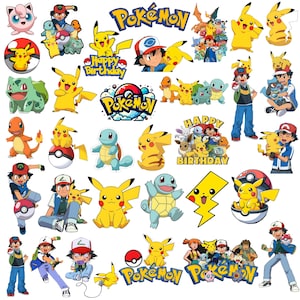 May include: A collection of colorful Pokémon stickers featuring various characters like Pikachu, Squirtle, and Charmander. The stickers include the Pokémon logo and images of characters with the text "Happy Birthday".