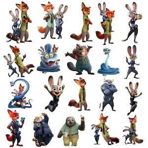 Könnte beinhalten: Eine Sammlung von Cartoon-Charakterbildern aus dem Animationsfilm Zoomania. Die Charaktere umfassen einen Fuchs, ein Kaninchen, ein Faultier, eine Schlange und einen Büffel, alle in verschiedenen Posen und Outfits. Die Bilder sind farbenfroh und detailliert.