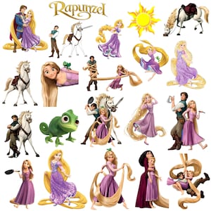Puede incluir: Una colección de ilustraciones de dibujos animados con personajes y elementos de la película de Disney "Enredados". Las imágenes incluyen a Rapunzel, Flynn Rider, caballos, un camaleón y el sol, todo en colores vibrantes.